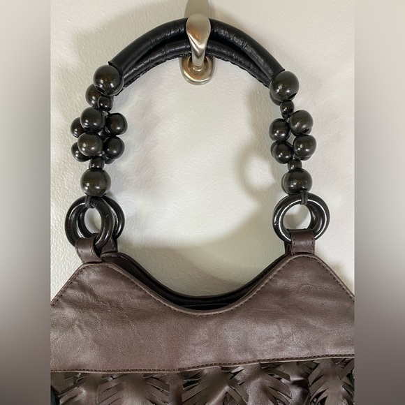 GAL Dark Brown Leaf Fringe Beaded Handle Boho Bag EUC - Picture 4 of 10